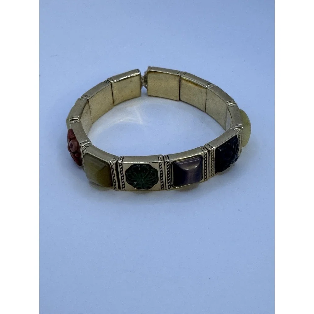 Vintage‎ Gold Tone Carved Gemstone Panel Bracelet 7.5